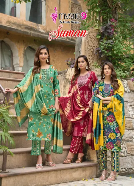 Suman Vol 4 By Mystic 9 Rayon Daily Wear Top With Bottom Dupatta Wholesale Online